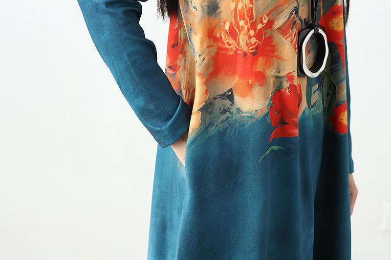 Women Printing Retro Pockets Long Sleeve Dress