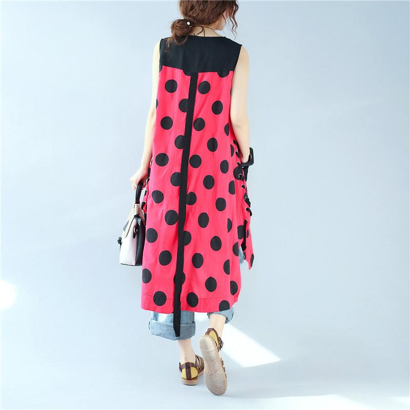 Splicing Women Loose Casual Printing Dot Lacing Splitting Red Dress