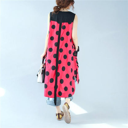 Splicing Women Loose Casual Printing Dot Lacing Splitting Red Dress