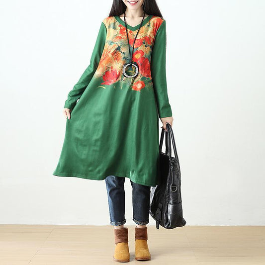 Women Printing Retro Pockets Long Sleeve Dress