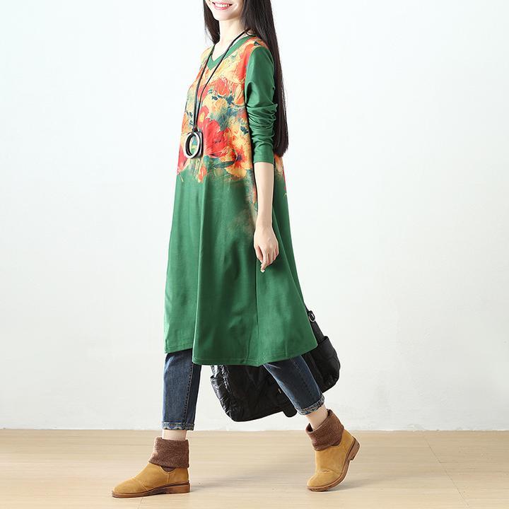 Women Printing Retro Pockets Long Sleeve Dress