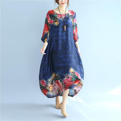 Summer Printing Silk Retro Women Loose Short Sleeves Blue Dress