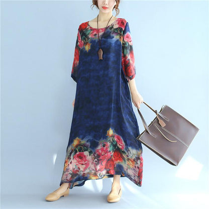 Summer Printing Silk Retro Women Loose Short Sleeves Blue Dress