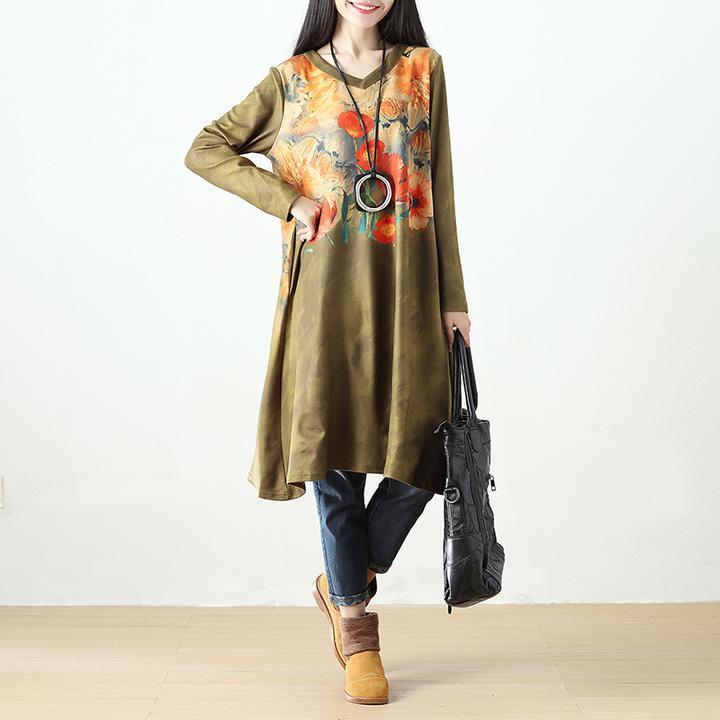 Women Printing Retro Pockets Long Sleeve Dress