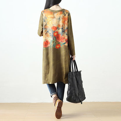 Women Printing Retro Pockets Long Sleeve Dress