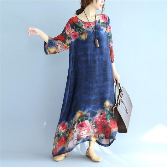 Summer Printing Silk Retro Women Loose Short Sleeves Blue Dress