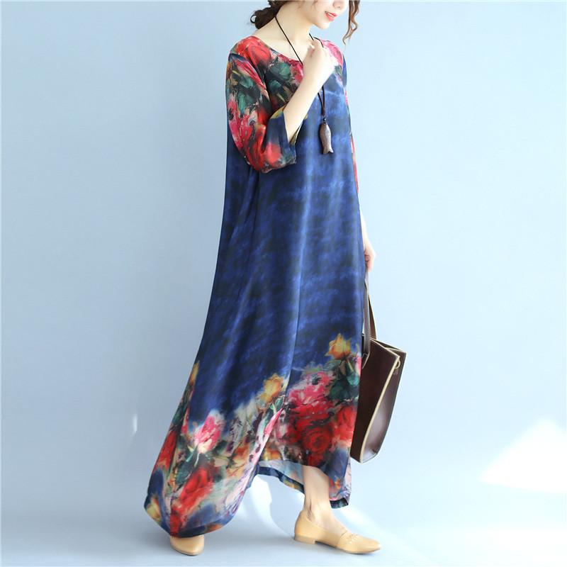 Summer Printing Silk Retro Women Loose Short Sleeves Blue Dress