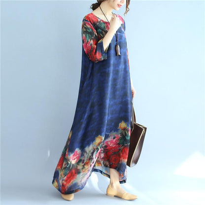 Summer Printing Silk Retro Women Loose Short Sleeves Blue Dress