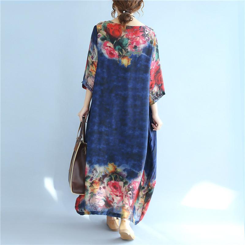 Summer Printing Silk Retro Women Loose Short Sleeves Blue Dress