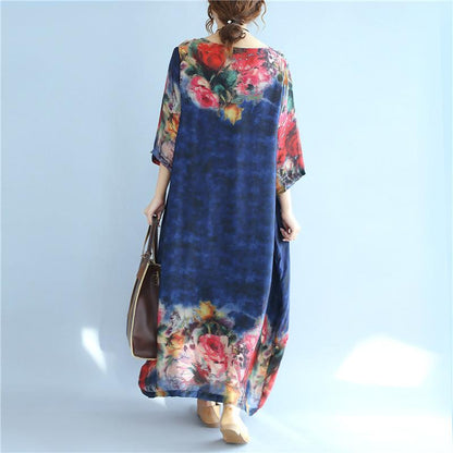 Summer Printing Silk Retro Women Loose Short Sleeves Blue Dress