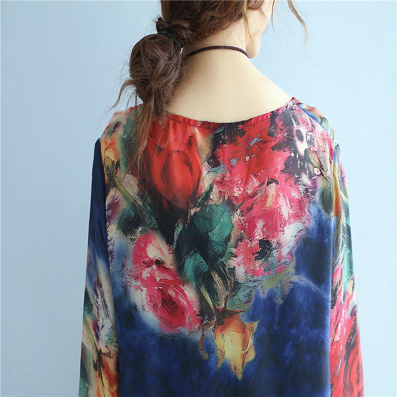 Summer Printing Silk Retro Women Loose Short Sleeves Blue Dress