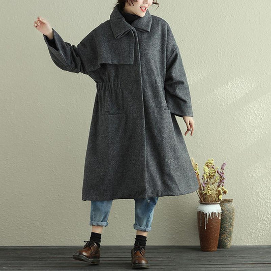 Women Autumn Winter Lapel Long Sleeve Casual Pleated Long Coat