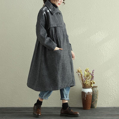 Women Autumn Winter Lapel Long Sleeve Casual Pleated Long Coat