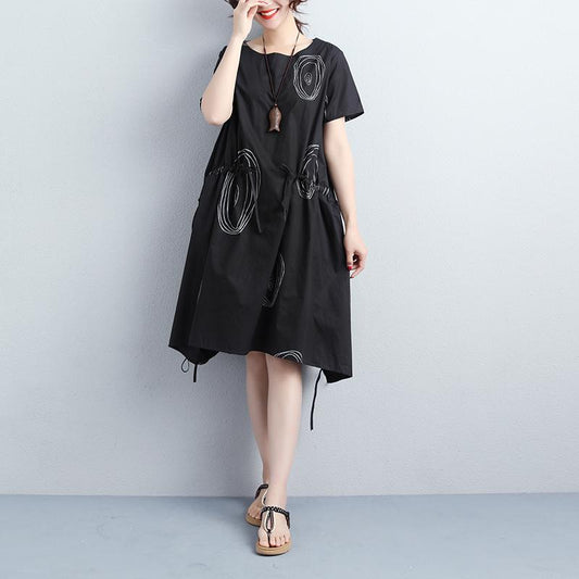 Women Summer Short Sleeve Draw-string Black Dress