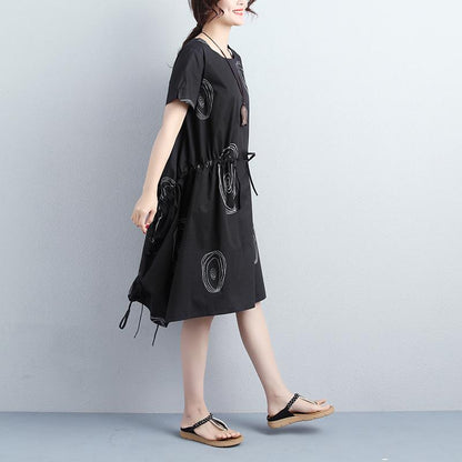 Women Summer Short Sleeve Draw-string Black Dress