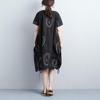 Women Summer Short Sleeve Draw-string Black Dress