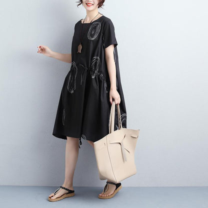 Women Summer Short Sleeve Draw-string Black Dress