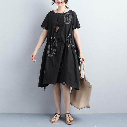 Women Summer Short Sleeve Draw-string Black Dress