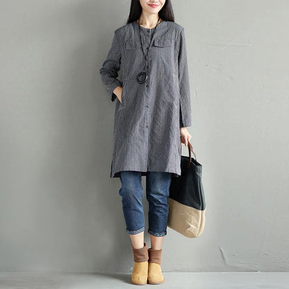 Women Spring Round Neck Stripe Single Breasted Shirt