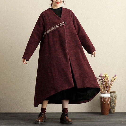Winter Popular Accessories Trim Irregular Hem Red Coat For Women