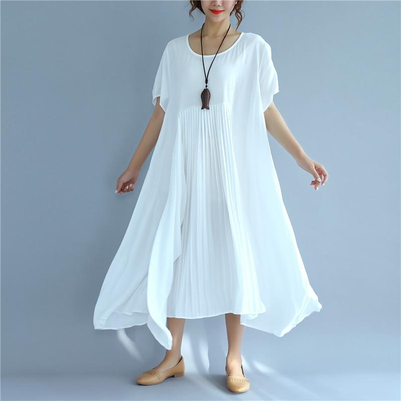 Folded Women Loose Casual Cotton Summer Splicing White Dress