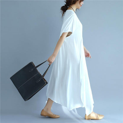 Folded Women Loose Casual Cotton Summer Splicing White Dress