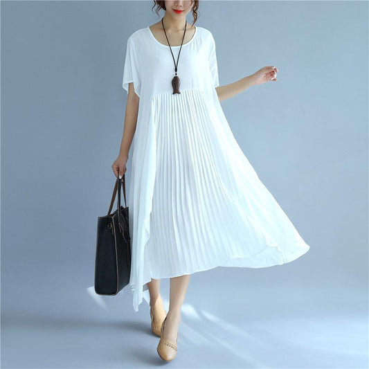 Folded Women Loose Casual Cotton Summer Splicing White Dress