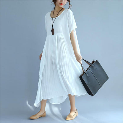 Folded Women Loose Casual Cotton Summer Splicing White Dress