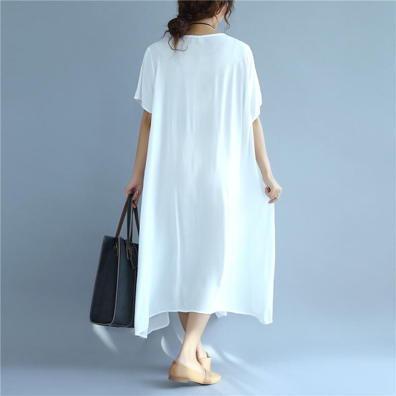 Folded Women Loose Casual Cotton Summer Splicing White Dress