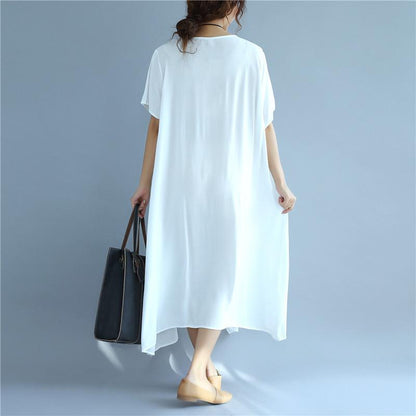 Folded Women Loose Casual Cotton Summer Splicing White Dress