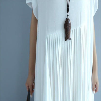Folded Women Loose Casual Cotton Summer Splicing White Dress