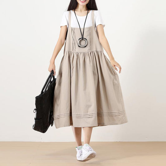 Loose Women Splicing Pleated Literature Suspender Skirt