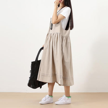 Loose Women Splicing Pleated Literature Suspender Skirt