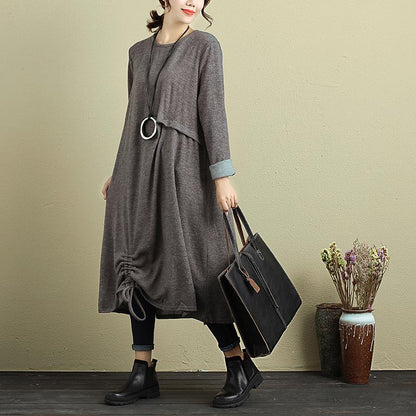 Women Long Sleeve Pleated Drawstring Casual Dress