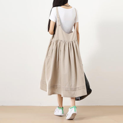 Loose Women Splicing Pleated Literature Suspender Skirt