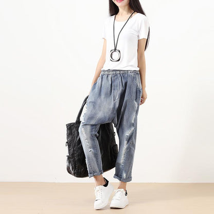 Fashionable Punk Hole Cotton Dark Blue Women Pants