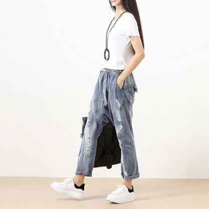 Fashionable Punk Hole Cotton Dark Blue Women Pants