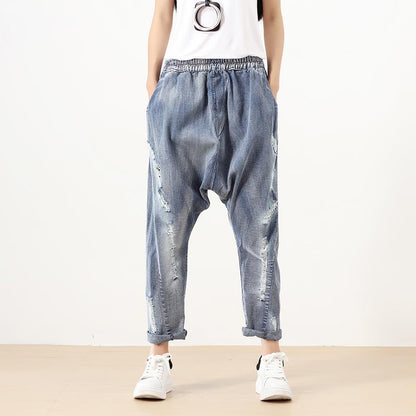 Fashionable Punk Hole Cotton Dark Blue Women Pants