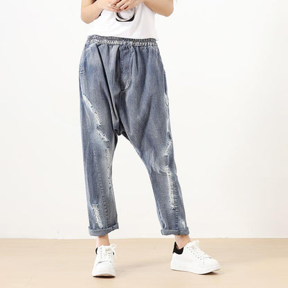 Fashionable Punk Hole Cotton Dark Blue Women Pants