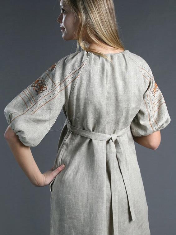 Vintage Embroidered Puff Sleeves Lace-up Long Dress
