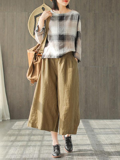 Ramie Cotton Plaid High-low Loose Fresh Shirt Top