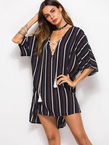 Loose Plus Size Striped Fashion Lace-up Blouse