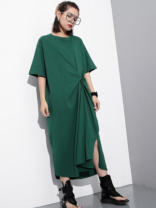 Split-side Solid Loose Cropped T-shirt Midi Dresses