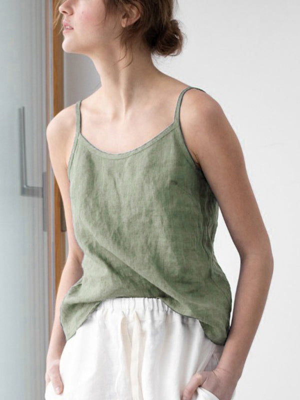 Vintage Ramie Cotton Spaghetti-Neck Round-Neck Mini Dress