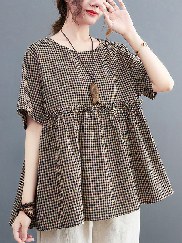 Artistic Retro Loose Plaid Ramie Cotton Falbala T-Shirt Top