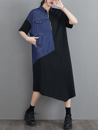 Casual Irregular Split-Joint Half Sleeves Lapel Collar Midi Shirt Dress