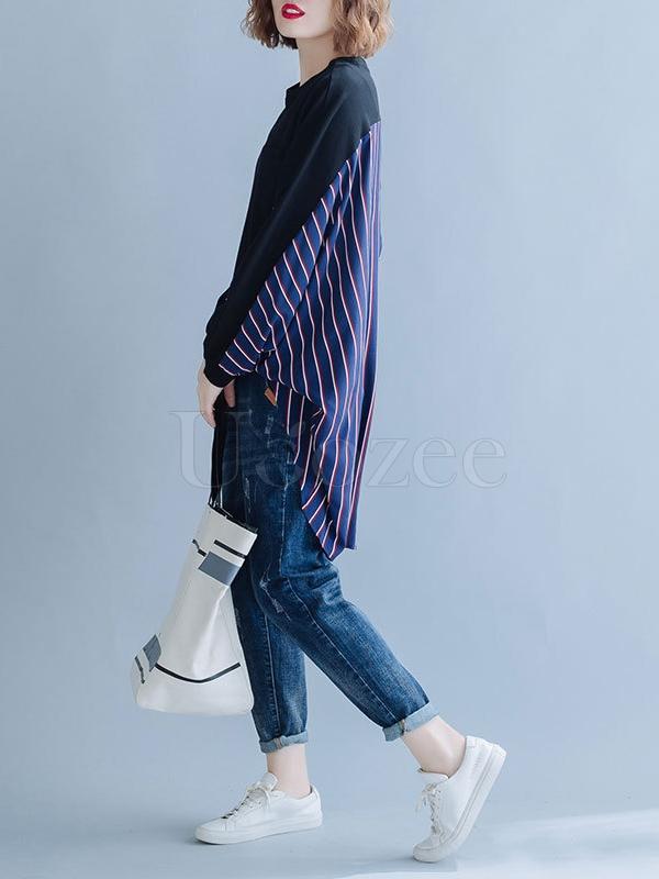 Loose Striped False-two Batwing Sweatshirt