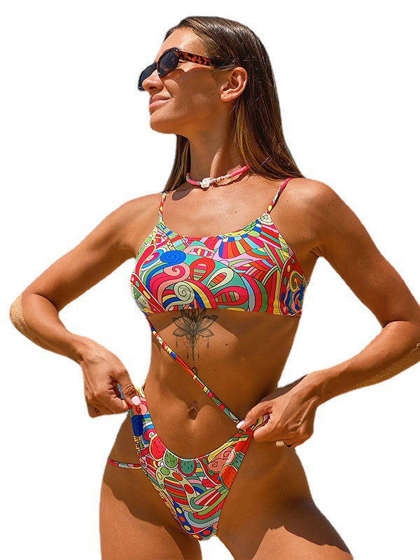 Floral Printed Backless Spaghetti-Neck Bikini Swiwmear