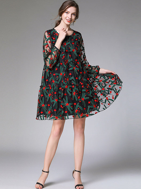 Original Lace Mesh Embroidered Contrast Color Mini Dress