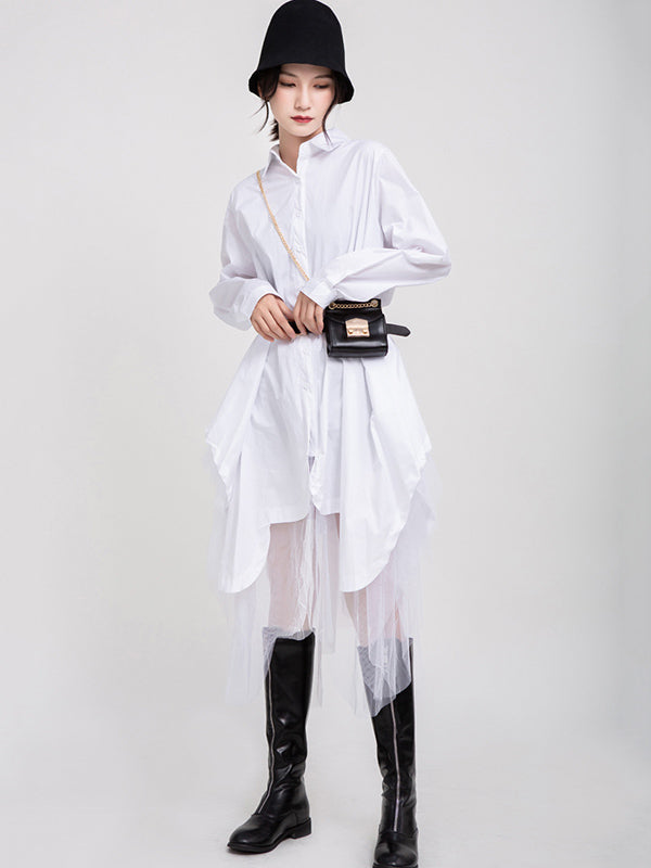 Urban Black&White Lapel Long Sleeves Shirt Dress
